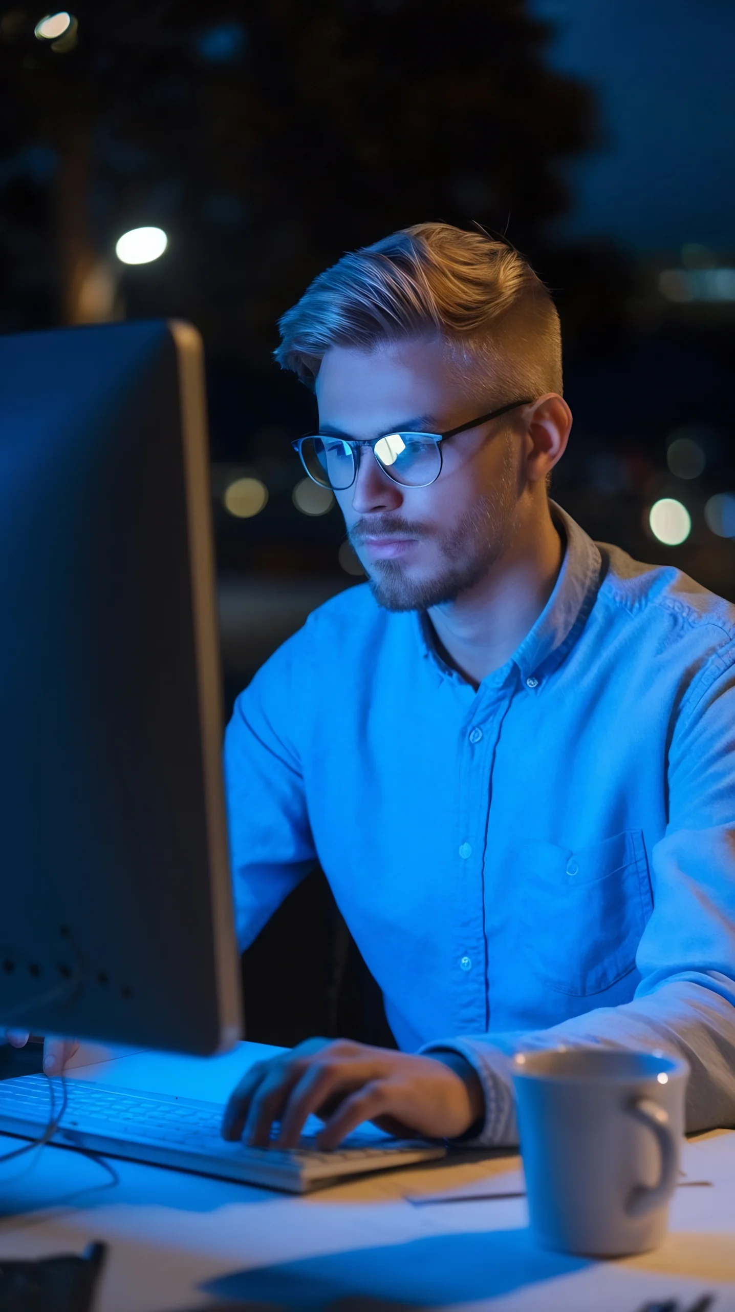 Startup entrepreneur pracujący przy komputerze nocą